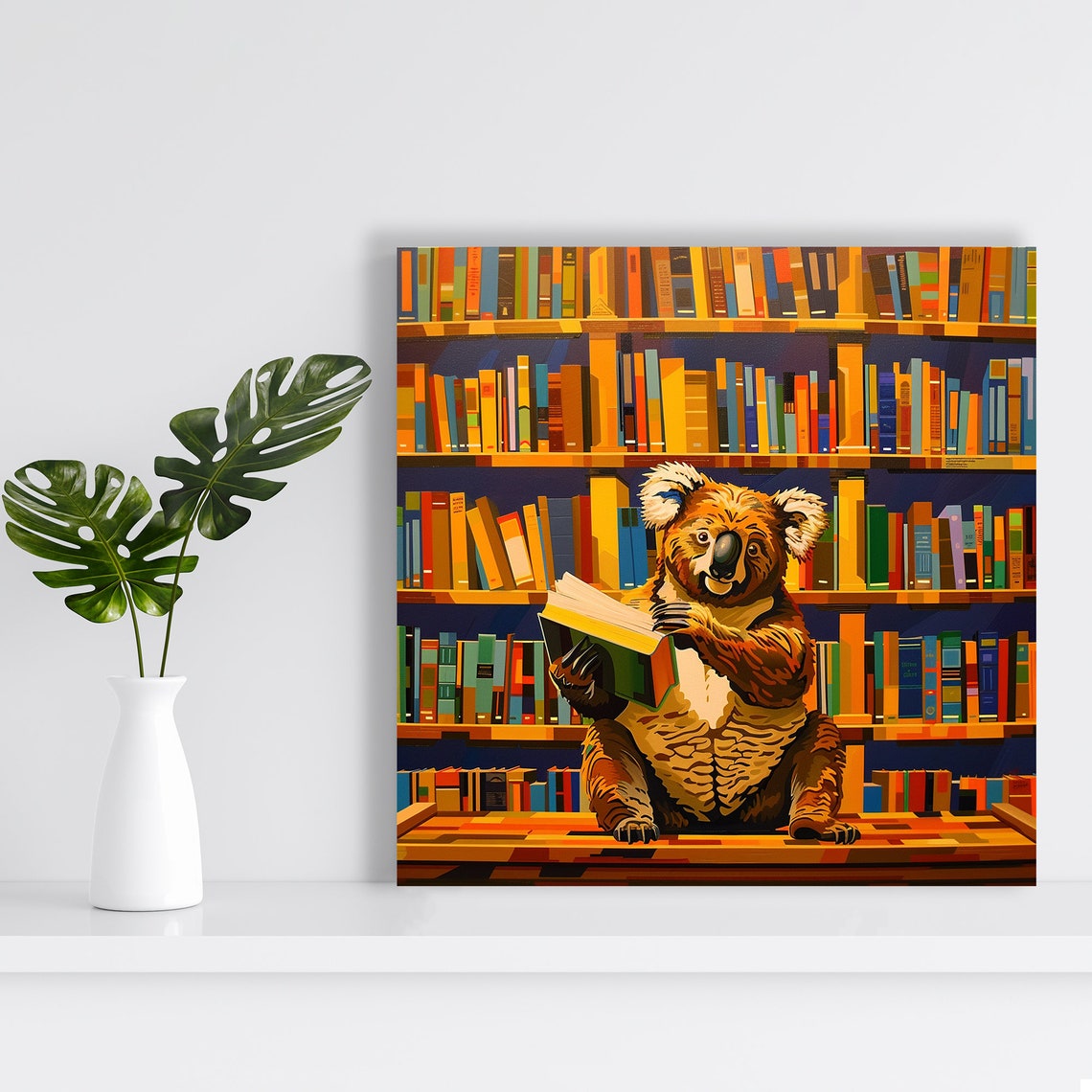 Koala Reading Book Library Shelves Warm Bookworm Decor Wall Art - Image 2