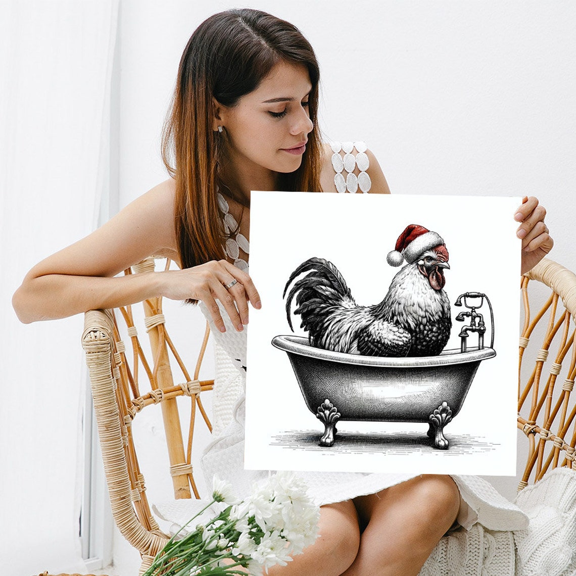 Christmas Rooster In Santa Hat Vintage Bathtub Engraving Art Poster - Image 5