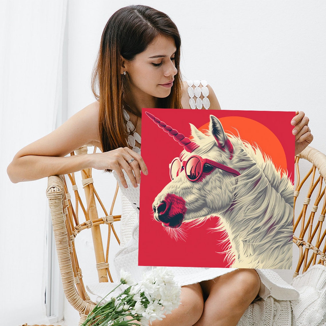 Unicorn Wearing Red Sunglasses Glowing Retro Sun Red Pop Art Poster - Image 3