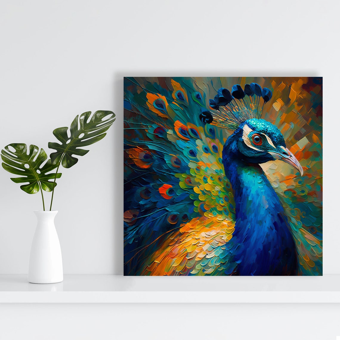 Golden Impasto Peacock Portrait Blue Plumage Warm Textured Art Poster - Image 2