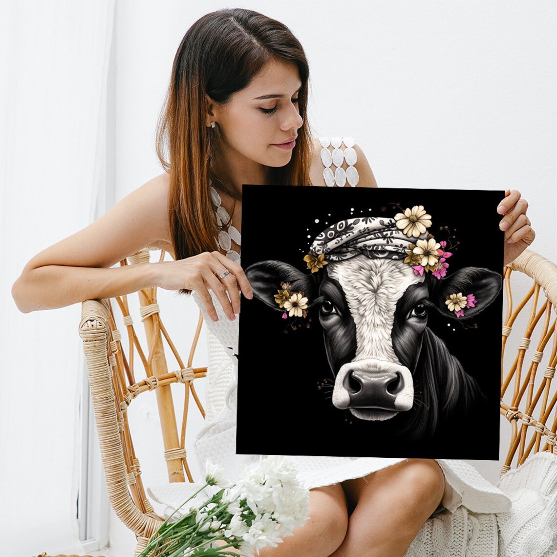 Floral Headscarf Cow Portrait Black Background Elegant Art Poster - Image 3