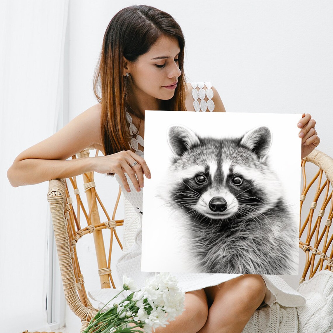 Whimsical Raccoon Minimalist Art Print, Black White - Image 3