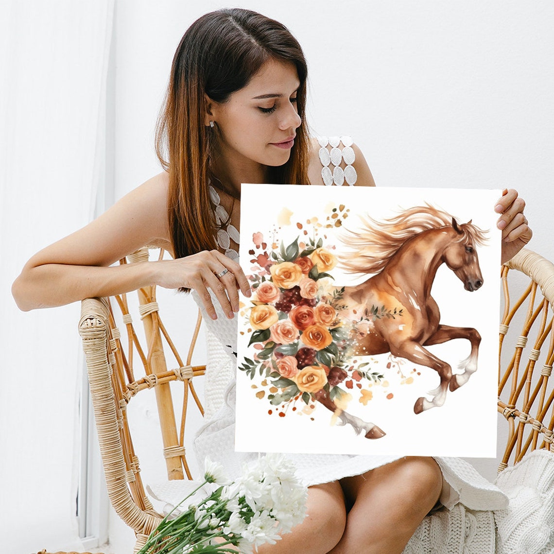 Brown Horse Galloping Roses Floral Watercolor Wall Art Poster - Image 3