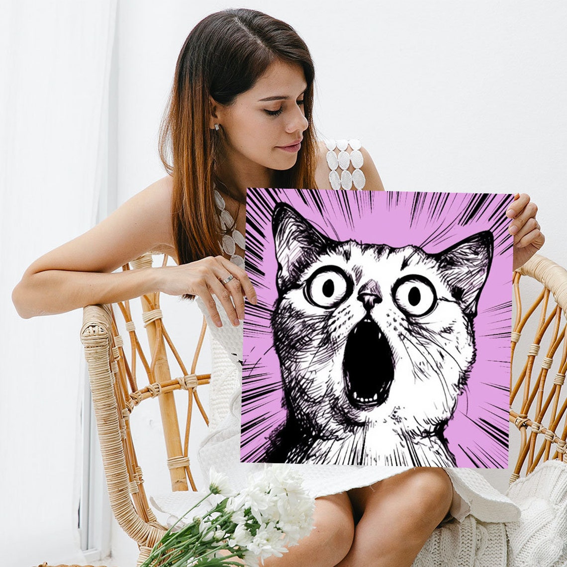 Shocked Screaming Cat Wide Eyes Pop Art Purple Manga Funny Poster - Image 3