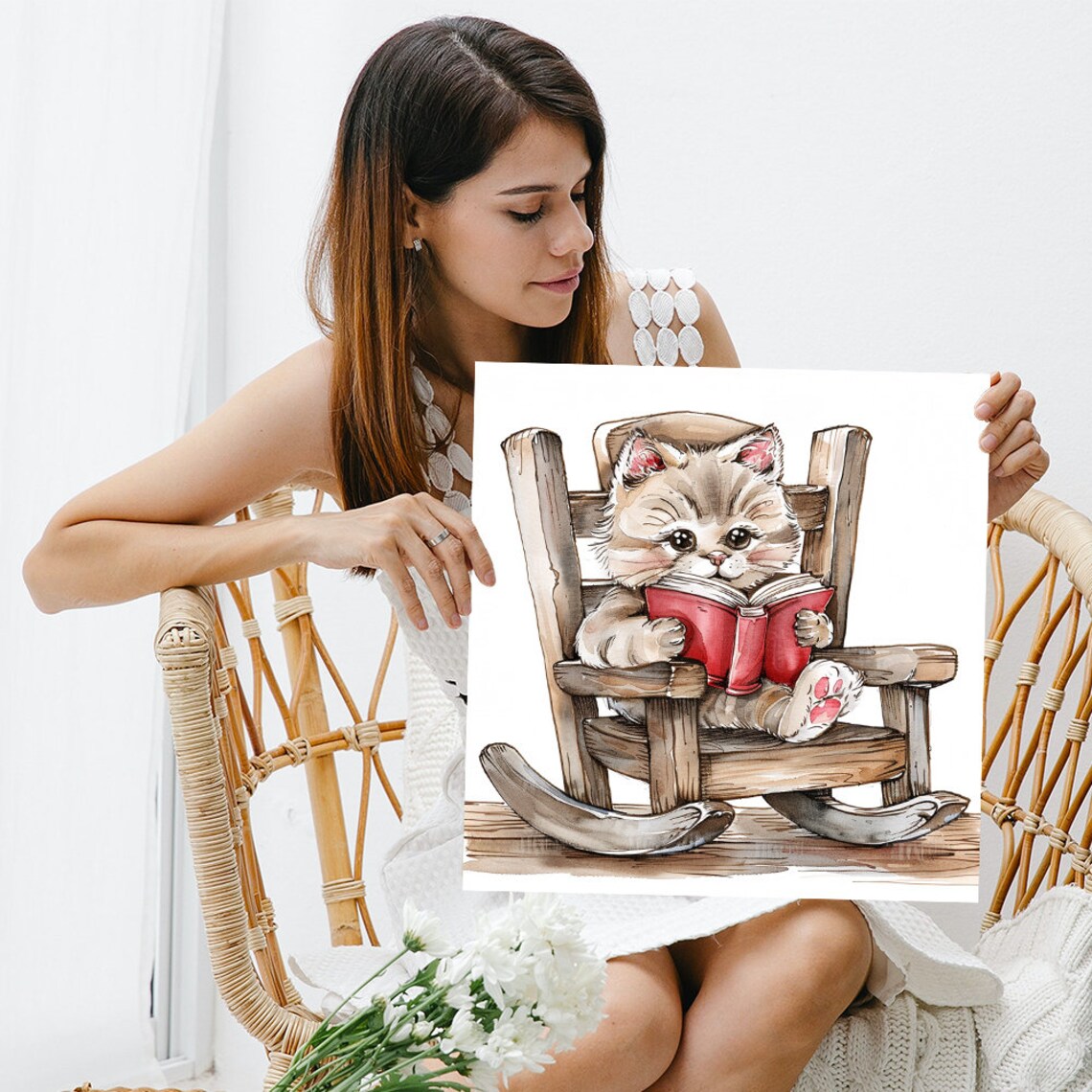 Sweet Kitten Reading Red Book In Rocking Chair Nursery Art Poster - Image 3