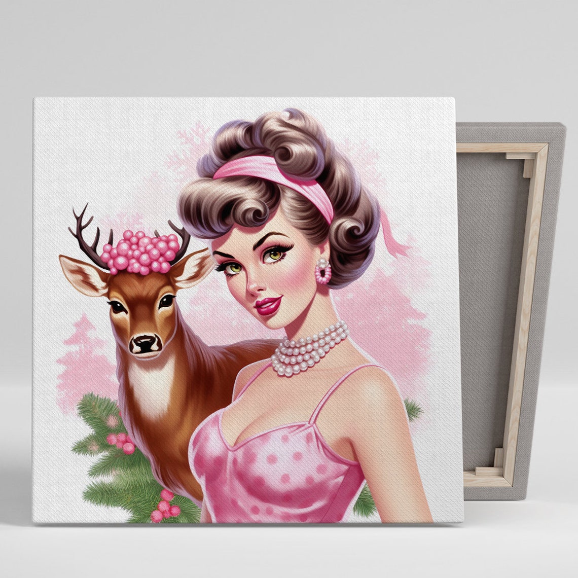 Retro Pin Up Winter Fantasy Pink Deer Bohemian Glam Wall Poster