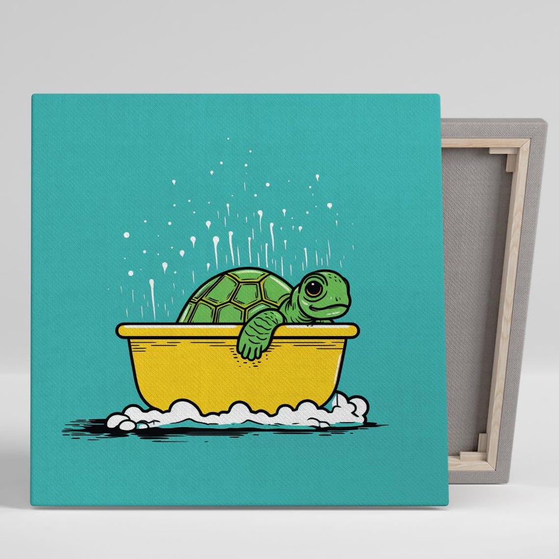 Cute Green Turtle Splashing In Yellow Bathtub Cartoon Wall Poster