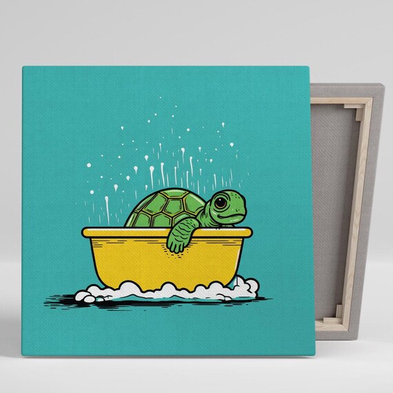 Turtle Splashy Bath Time Art Or Poster Whimsical Modern Decor Bathroom Childrens Room Bedroom Office Art Green Yellow Turquoise