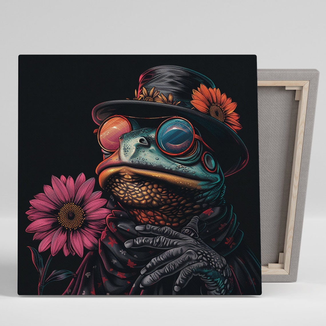 Psychedelic Frog Gentleman Hat Glasses Surreal Dark Wall Poster