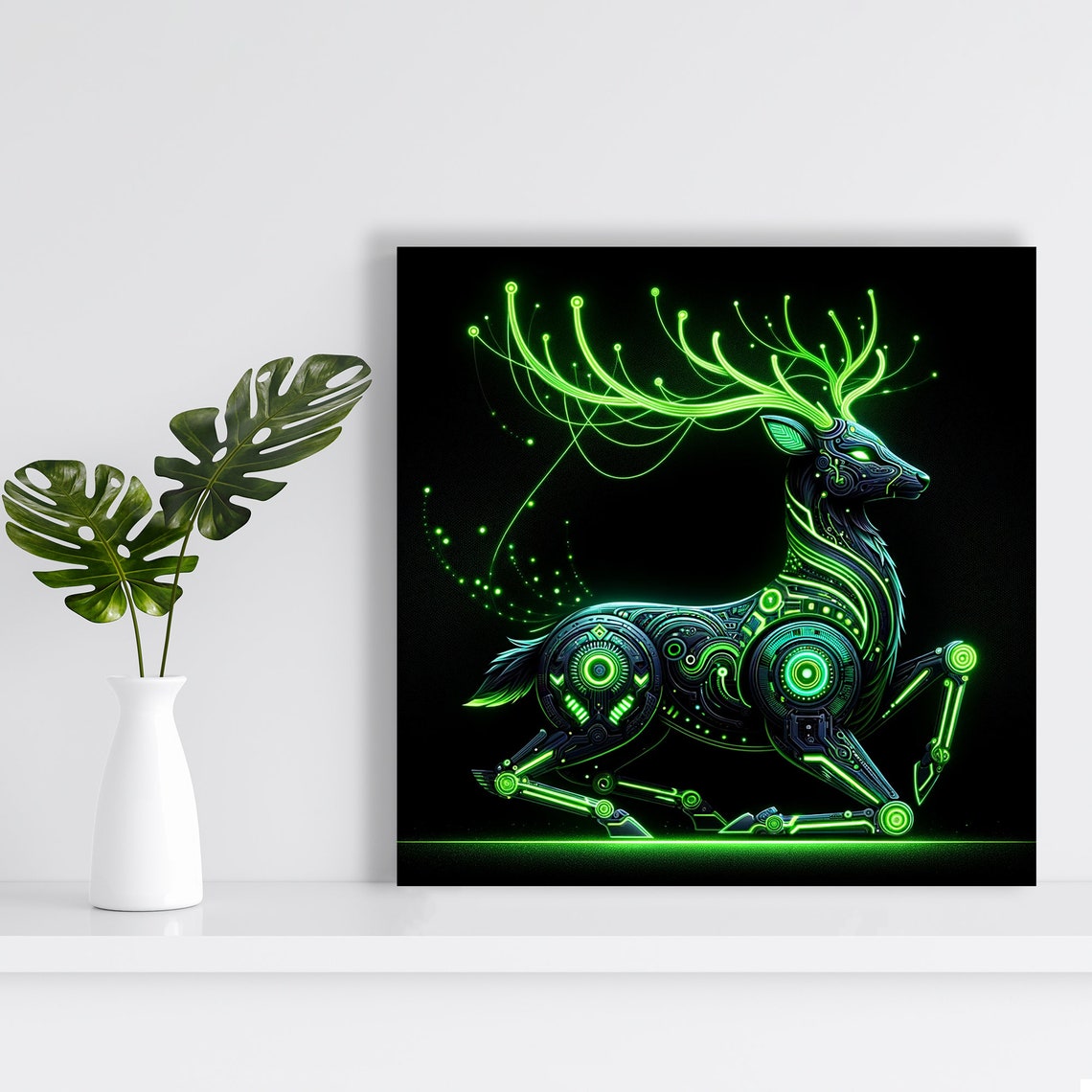 Cybernetic Neon Green Deer Surreal Glowing Circuit Stag Black Wall Art - Image 2