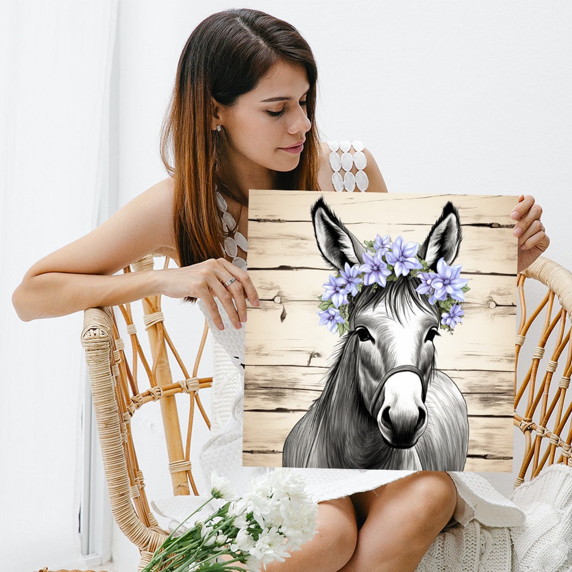 Donkey Portrait Purple Flower Crown Rustic Wood Plank Art Poster - Image 3