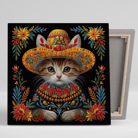 Fiesta Cat Fantasy, Whimsical Folk Bohemian Art Print