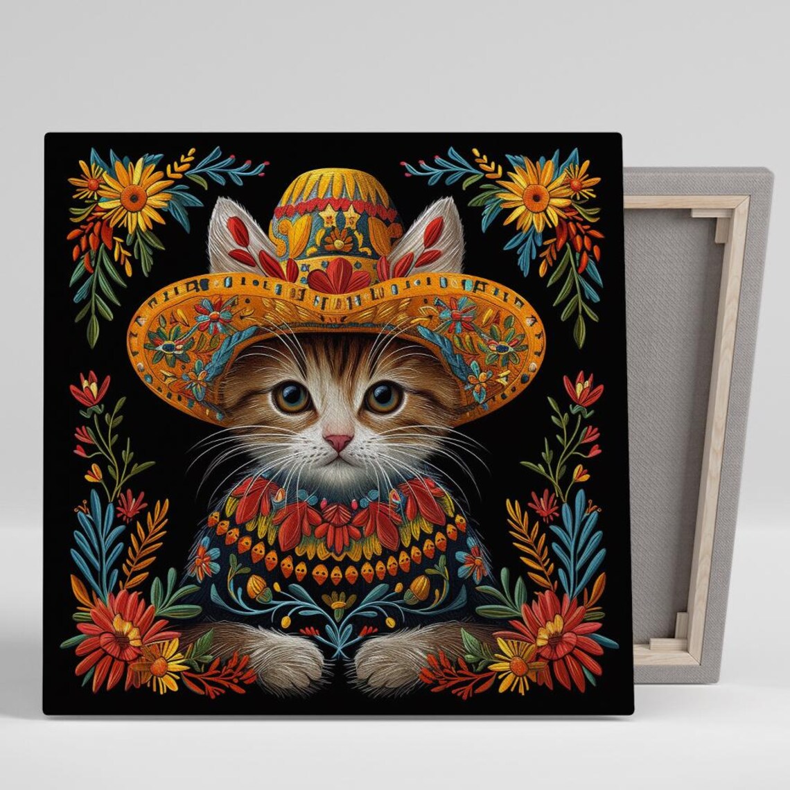 Fiesta Cat Fantasy, Whimsical Folk Bohemian Art Print