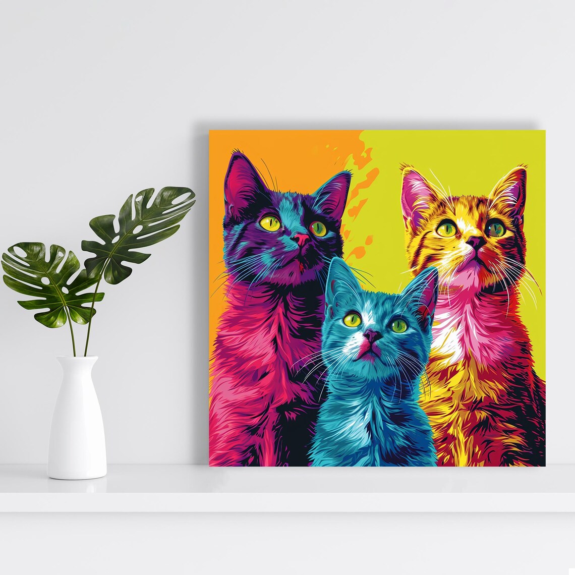 Vibrant Cat Trio Pop Art Neon Pink Teal Yellow Bold Feline Poster - Image 2