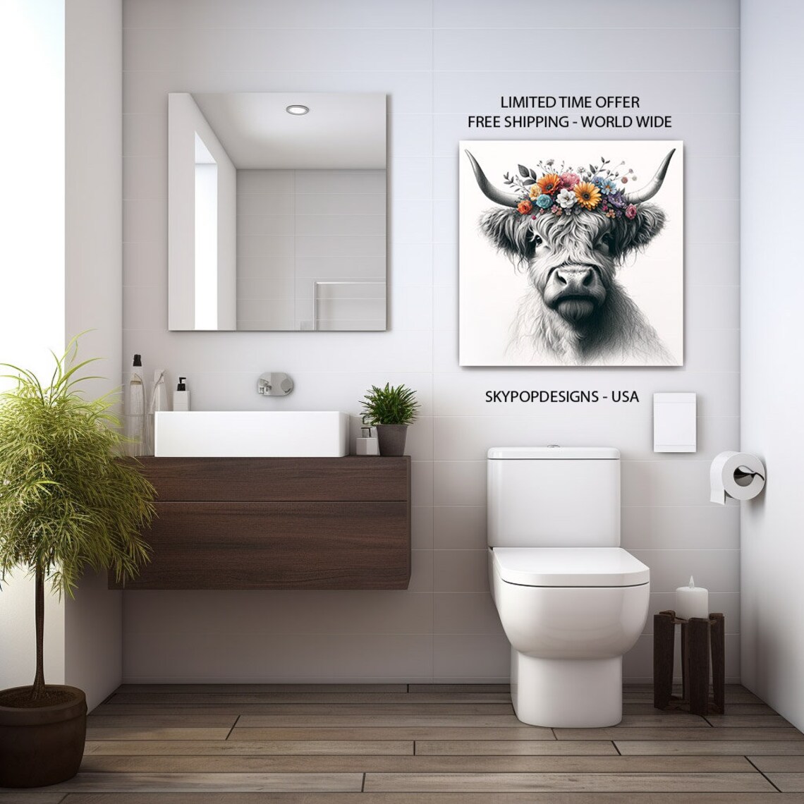 Floral Cow Bathroom Art Print, Funny Animal Decor - Image 2