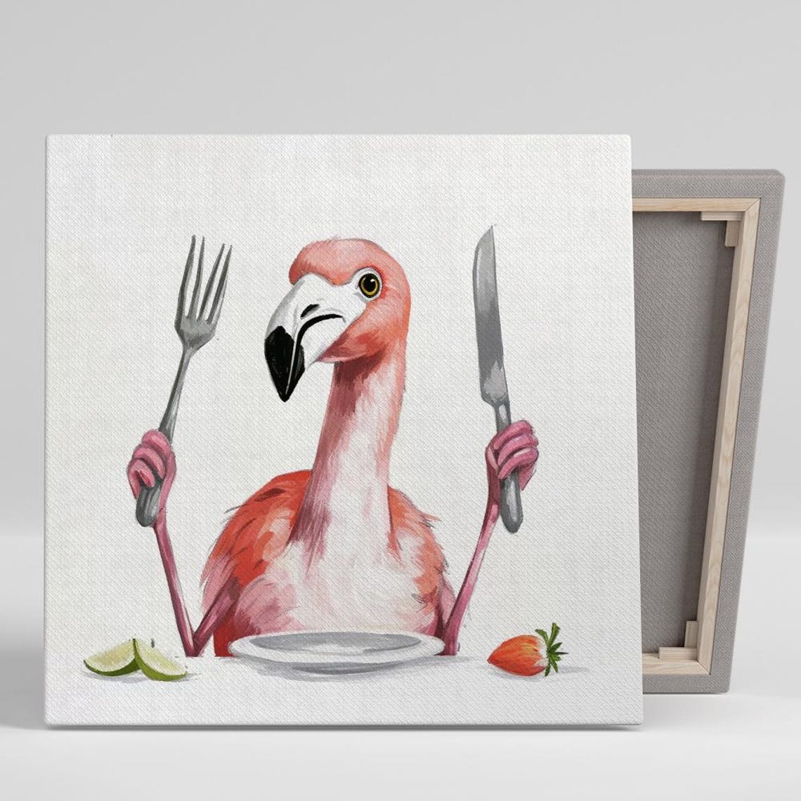 Flamingo Dinner Time Fork Knife Funny Hungry Bird Kitchen Art Poster