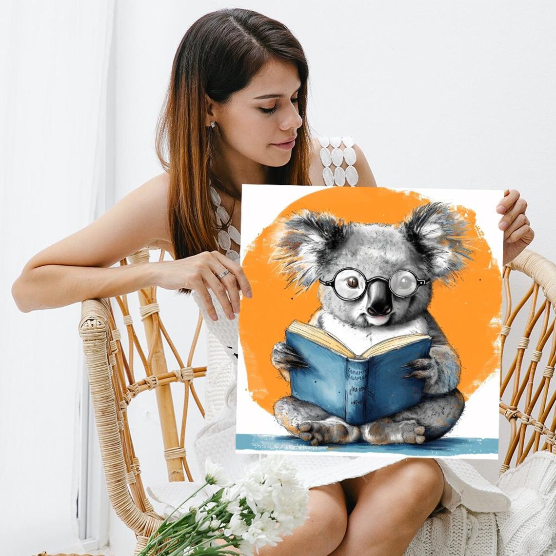 Koala Reading Book Glasses Cute Scholar Library Animal Orange Art Poster - Image 3