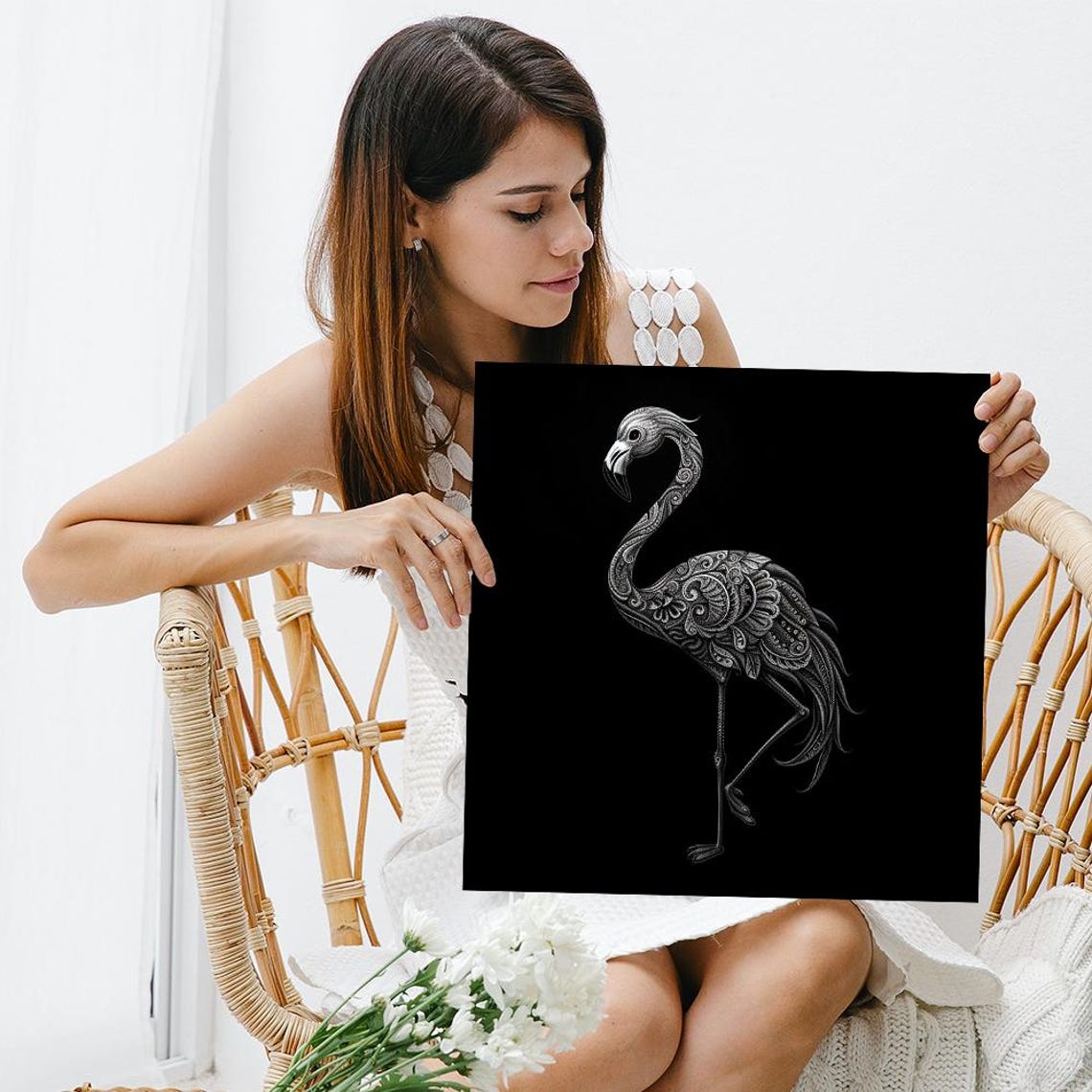 Flamingo White Line Art Black Background Minimalist Elegant Art Poster - Image 3