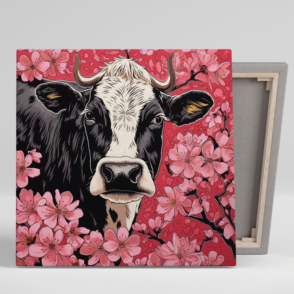 Black And White Cow Pink Cherry Blossoms Red Background Art Poster