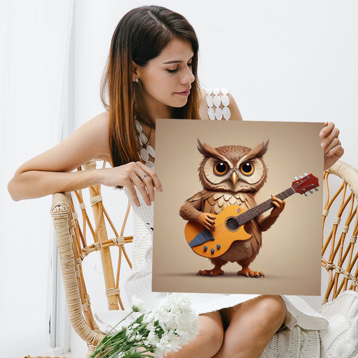 Owl Guitar Musician Whimsical Owl Playing Guitar Beige Animal Poster - Image 3