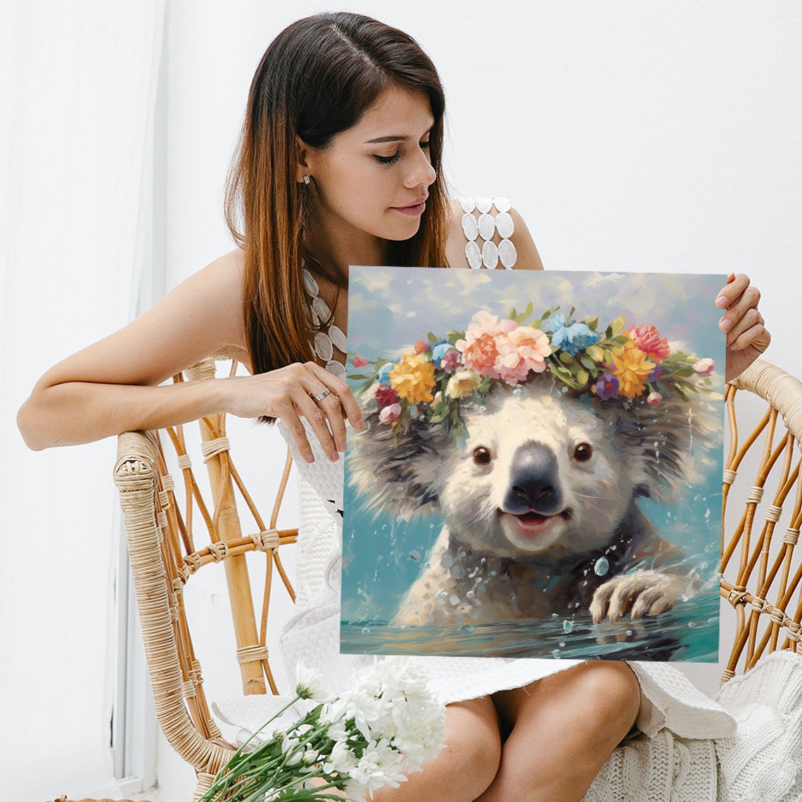 Koala With Flower Crown Emerging From Turquoise Water Poster - Image 3