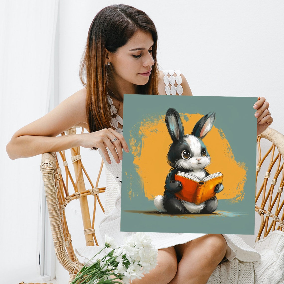 Cute Bunny Reading Orange Book Whimsical Kids Library Nursery Poster - Image 3