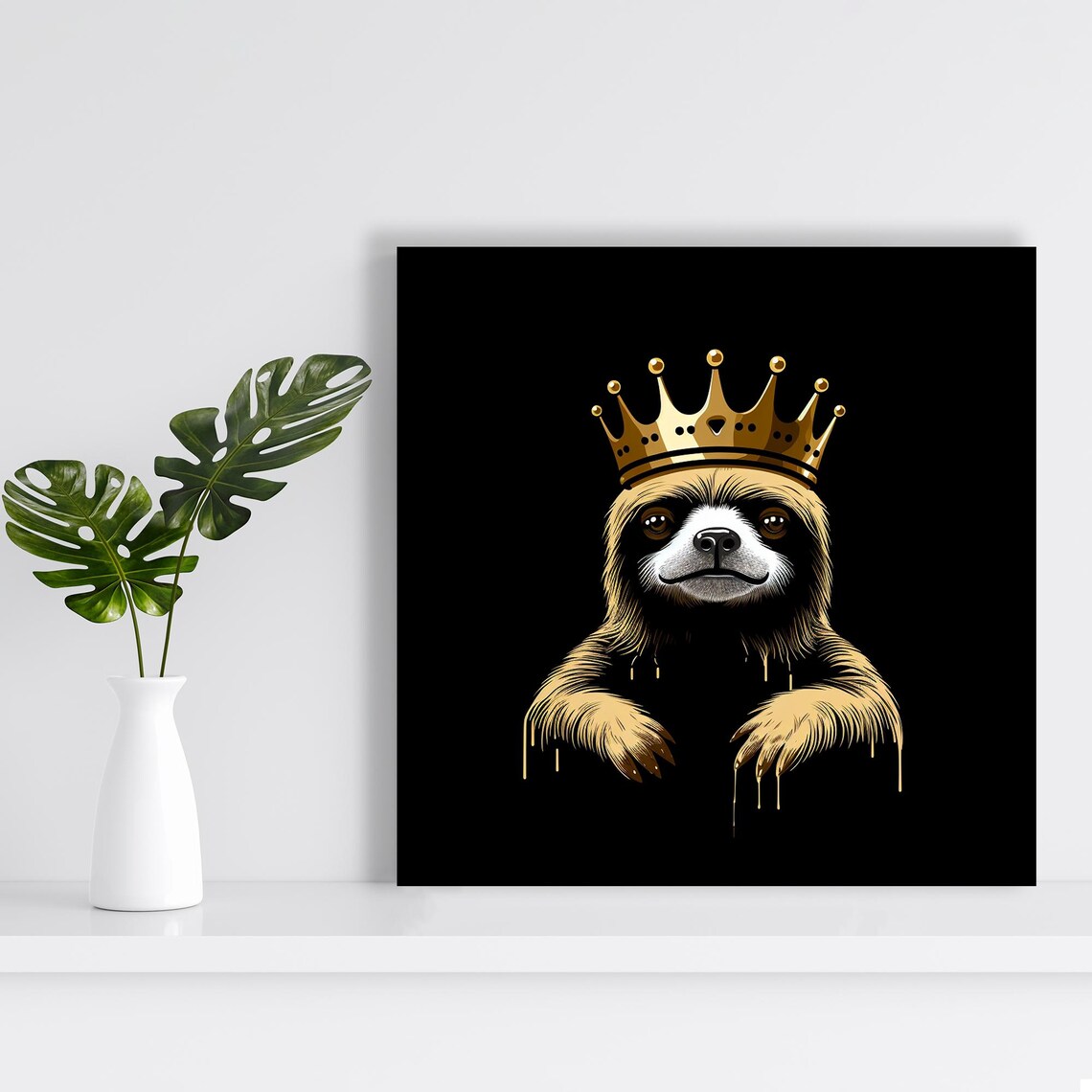 Royal Sloth Wearing Golden Crown Black And Gold Drip Art Majesty Poster - Image 2