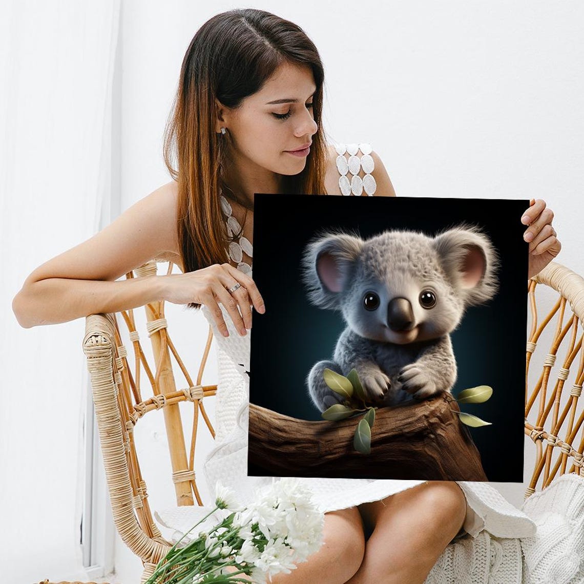 Baby Koala Joey On Eucalyptus Branch Big Eyes Dark Nursery Wall Poster - Image 3