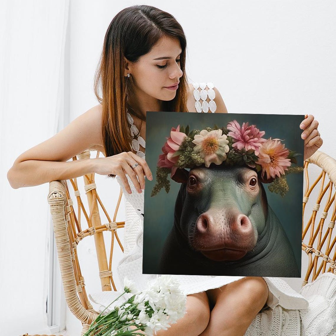 Cute Hippo Flower Crown Portrait Whimsical Nursery Wall Art Poster - Image 3