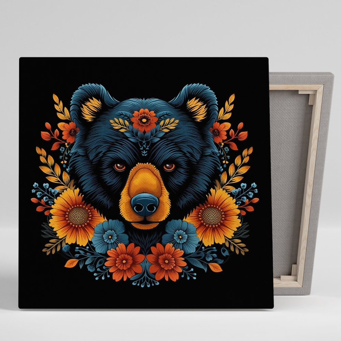Bear Portrait Surrounded by Floral Blooms Dark Bohemian Wall Poster