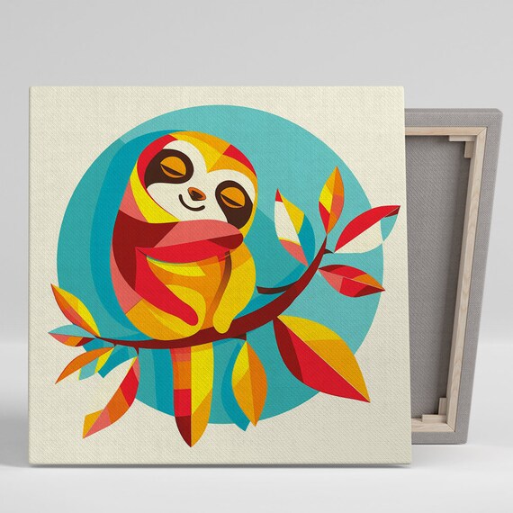 Sleeping Sloth On Branch Geometric Red Yellow Teal Circle Poster