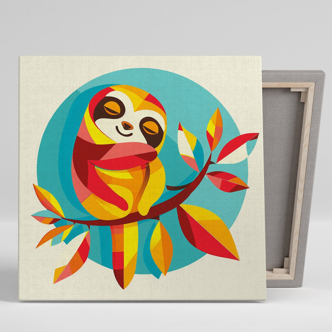 Sleeping Sloth On Branch Geometric Red Yellow Teal Circle Poster