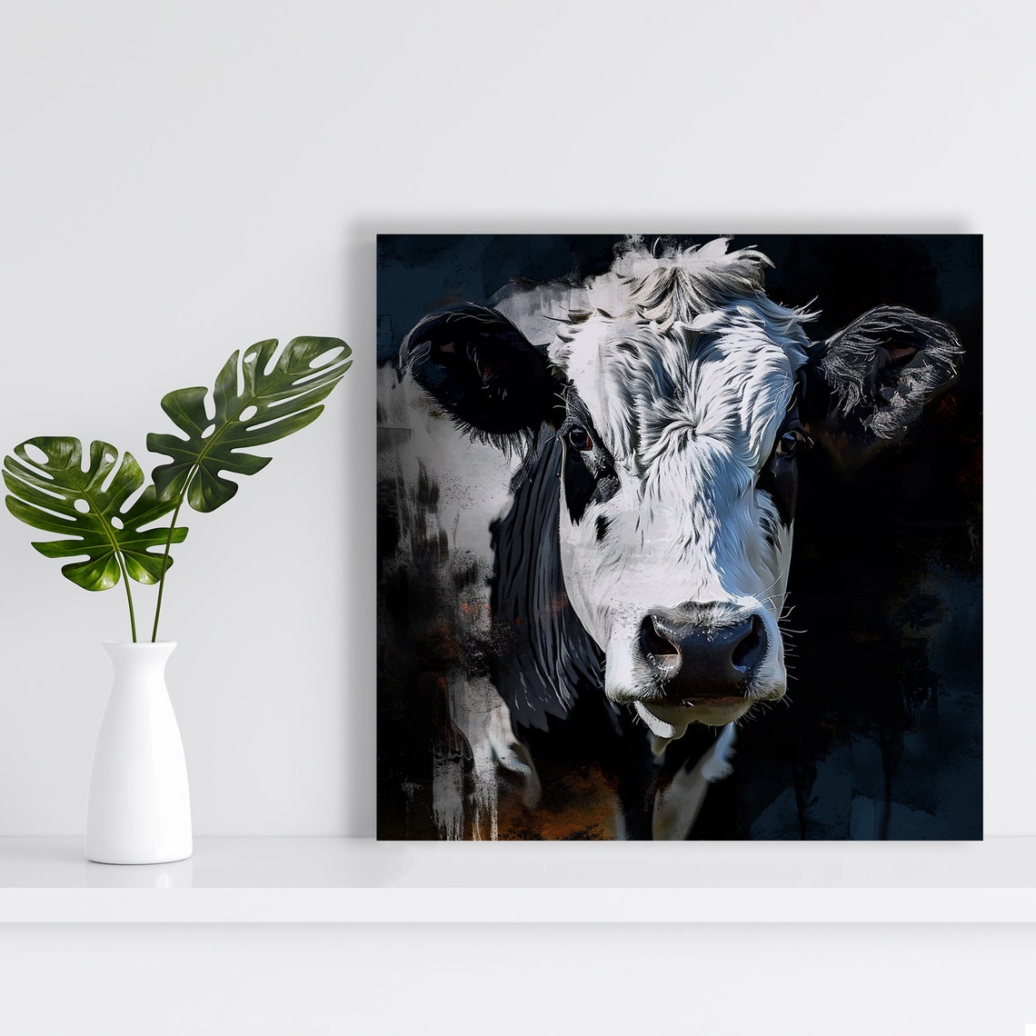 Black White Cow Portrait Dramatic Dark Painterly Farmhouse Wall Poster - Image 2