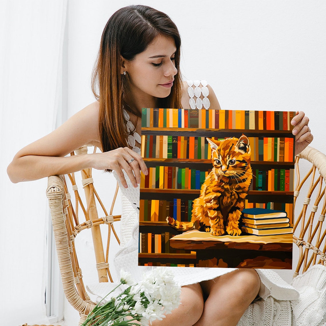 Adorable Orange Kitten Library Bookshelf Reading Scene Wall Art - Image 3