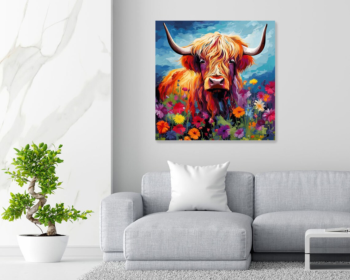 Highland Cow With Flower Art Print, Farm Animal Decor - Image 4