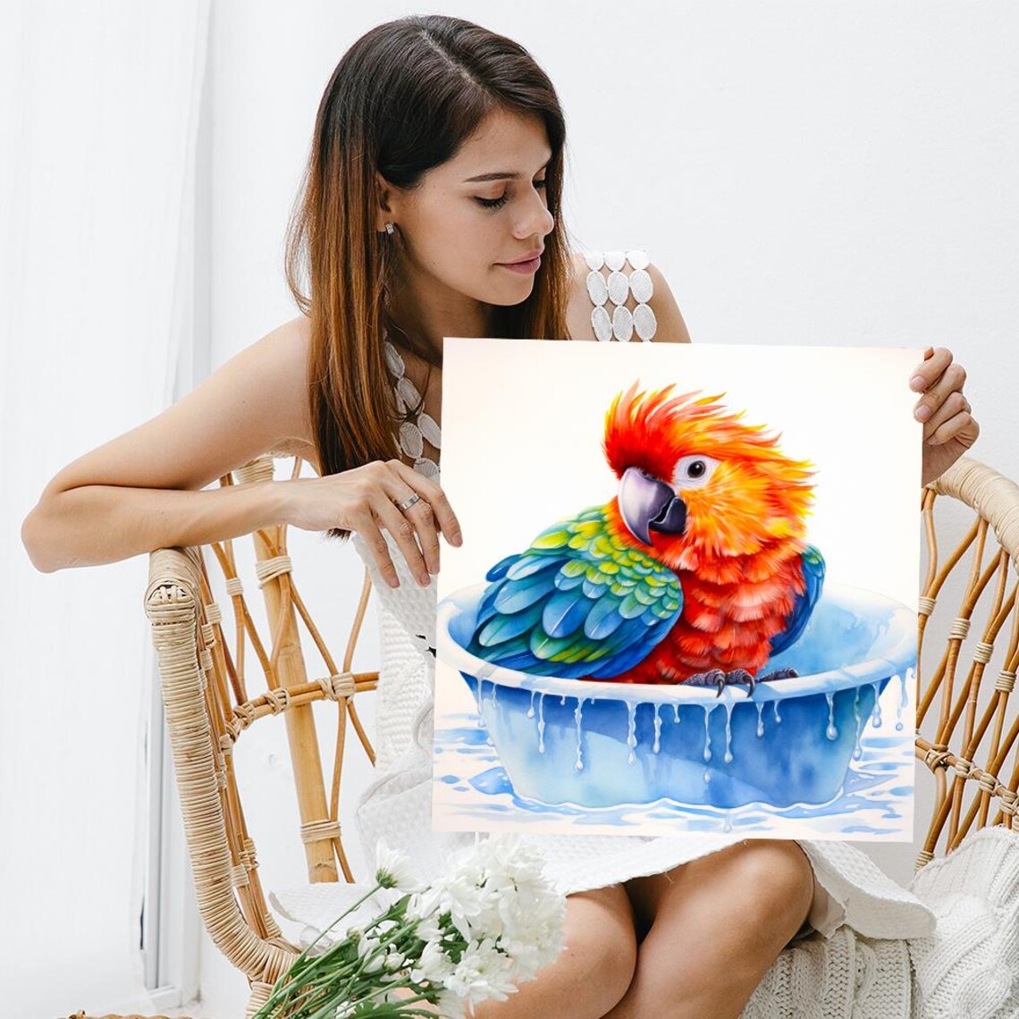 Parrot Bath Time Art Print, Tropical Animal Decor - Image 3