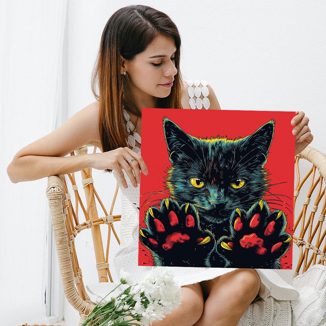 Black Cat Paws Street Art Yellow Eyes Bold Red Pop Wall Poster - Image 3