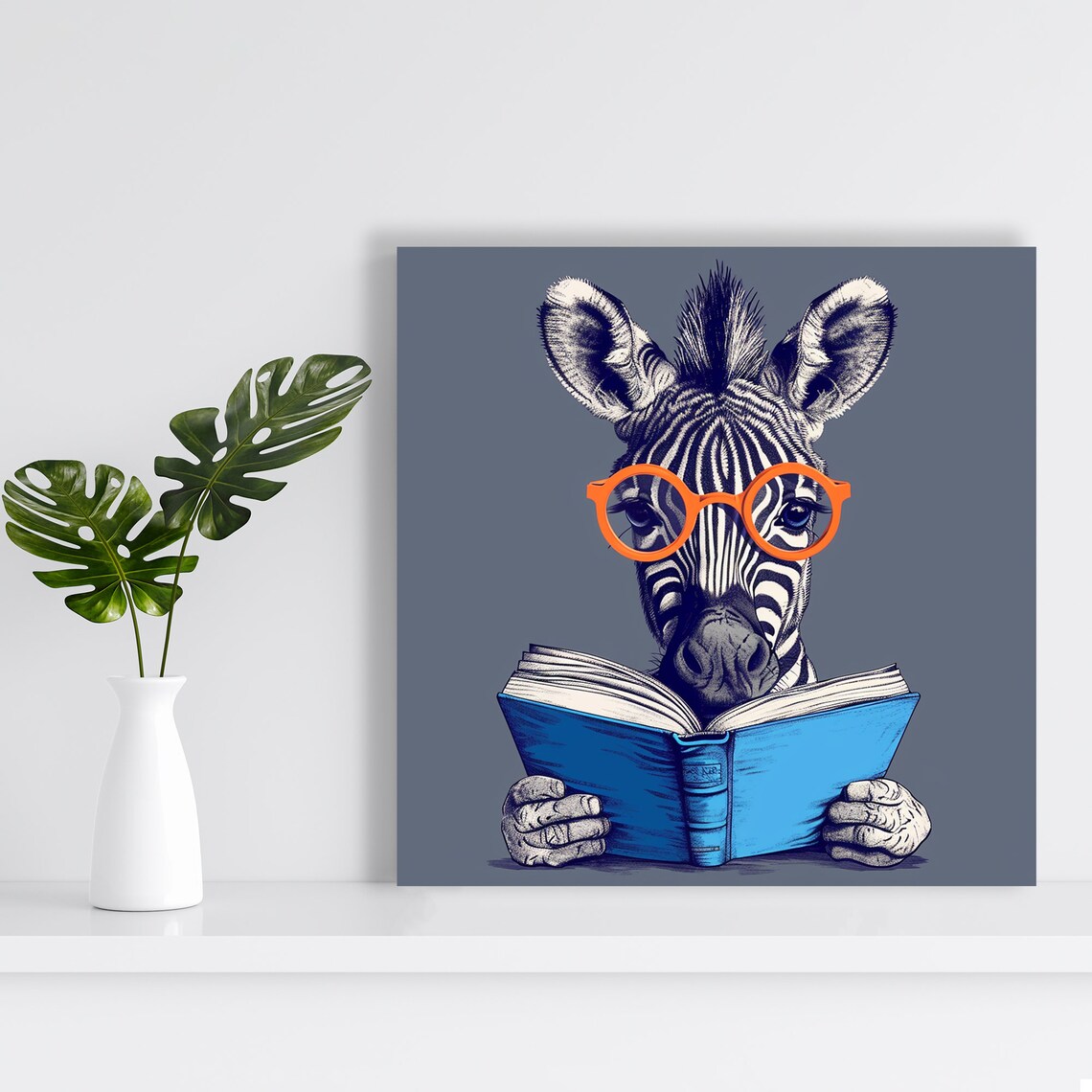 Baby Zebra With Orange Glasses Reading Blue Book Scholarly Library Poster - Image 2