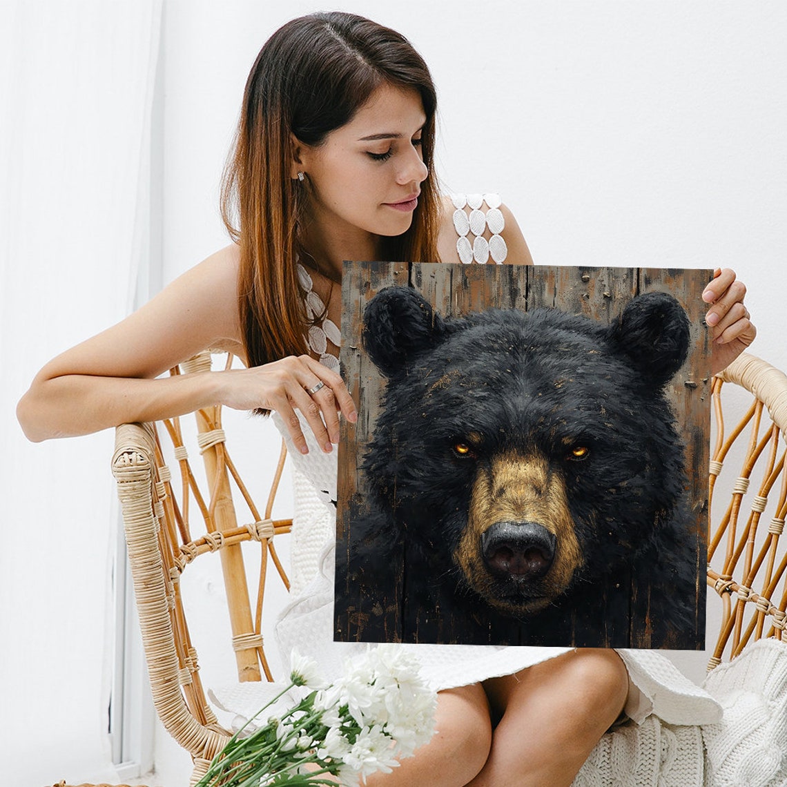 Black Bear Intense Amber Eyes Rustic Wood Wildlife Portrait Poster - Image 3