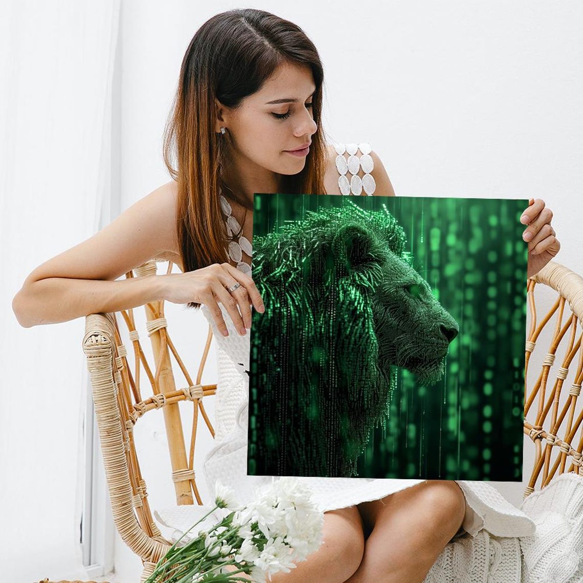 Lion Profile Formed Of Green Digital Code Rain Modern Art Poster - Image 3