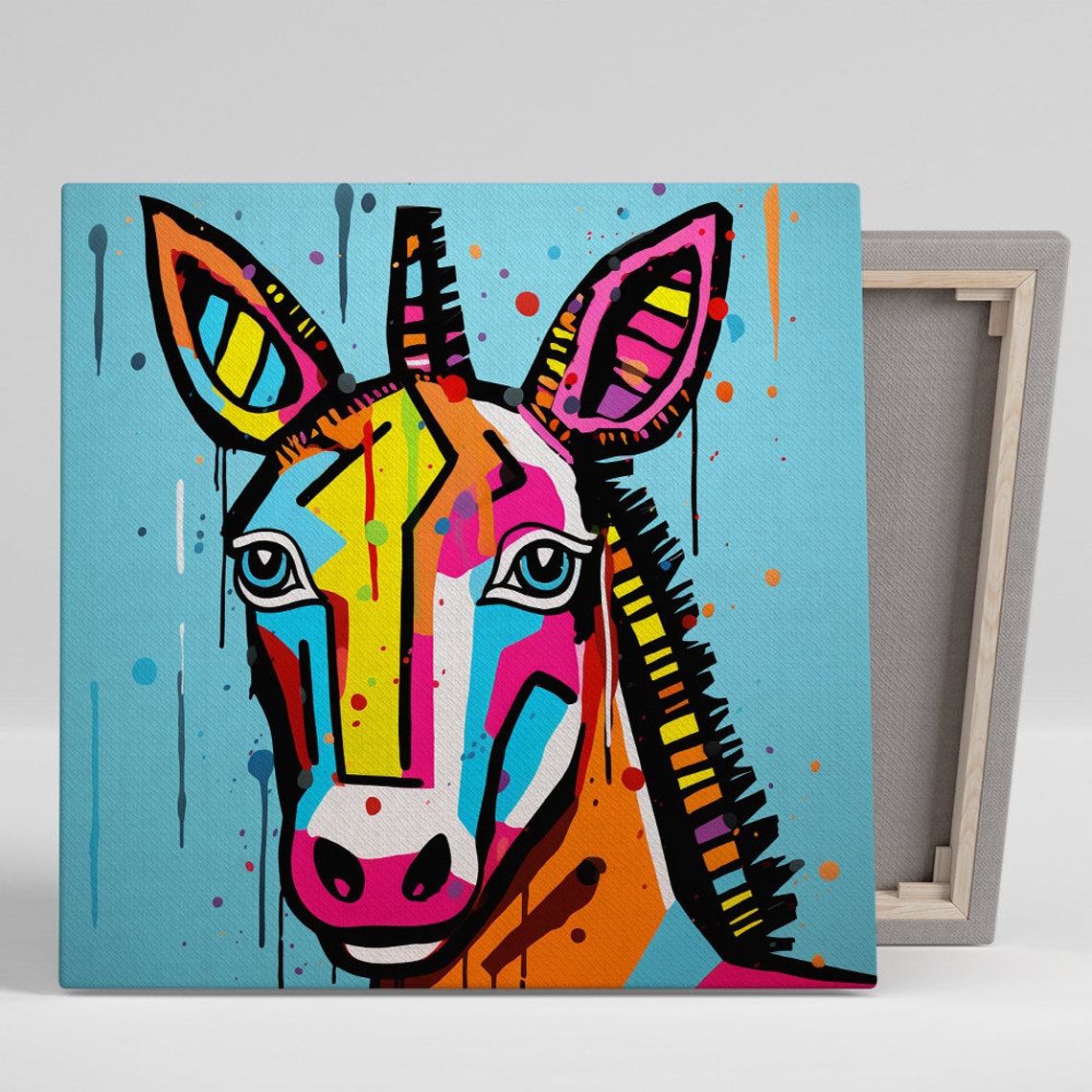 Vibrant Geometric Donkey Face Colorful Pop Art Blue Animal Wall Poster