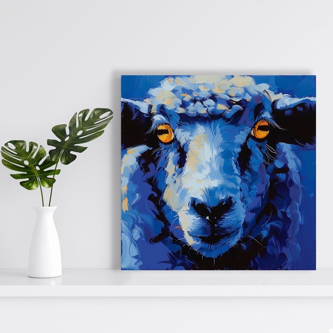 Electric Blue Sheep Close Up Golden Eyes Bold Impasto Paint Poster - Image 2