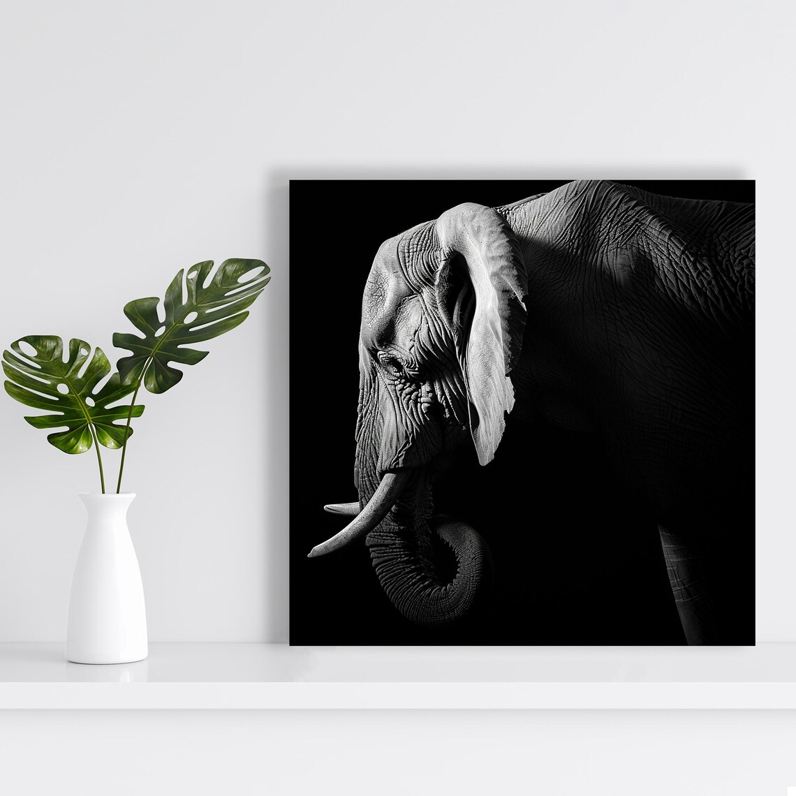 Elephant Head Close-Up Black and White Dramatic Light Portrait Wall Art Poster - Image 2