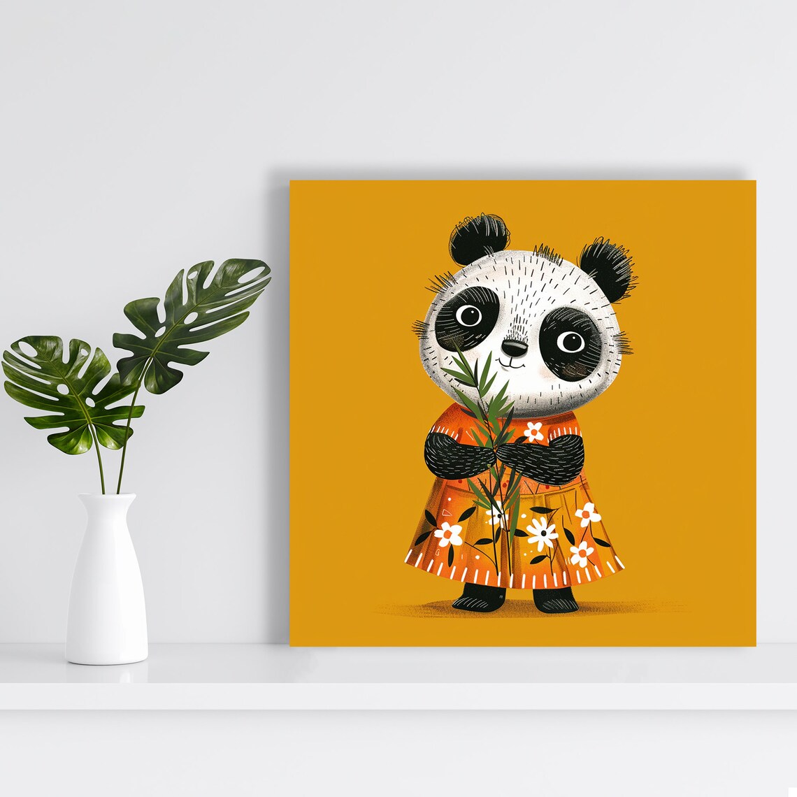 Cute Panda Girl Orange Floral Dress Bamboo Mustard Nursery Art Poster - Image 2