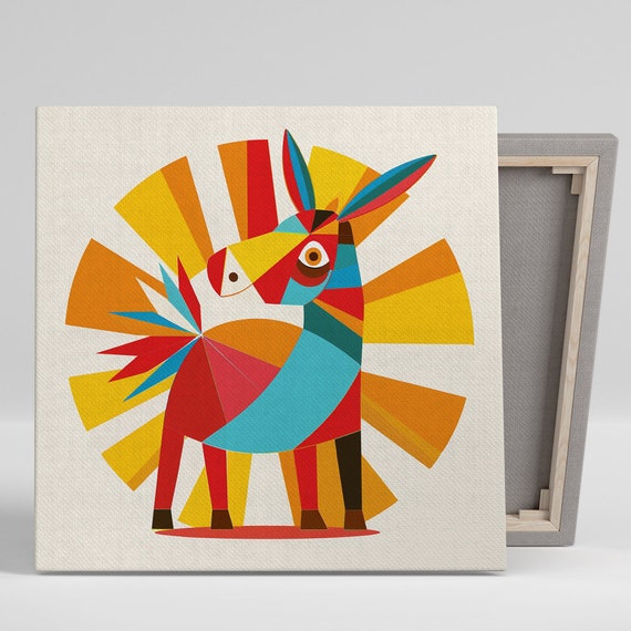 Geometric Donkey Delight Art Or Poster Abstract Whimsical Decor Living Room Nursery Office Wall Art Vibrant Red Yellow Orange