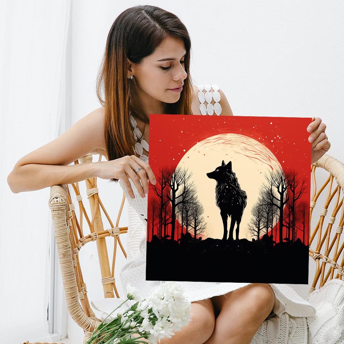 Lunar Wolf Silhouette Howling Moon Red Sky Minimalist Art Poster - Image 3