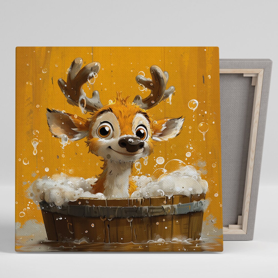 Adorable Baby Moose Bubble Bath Wooden Tub Whimsical Animal Poster