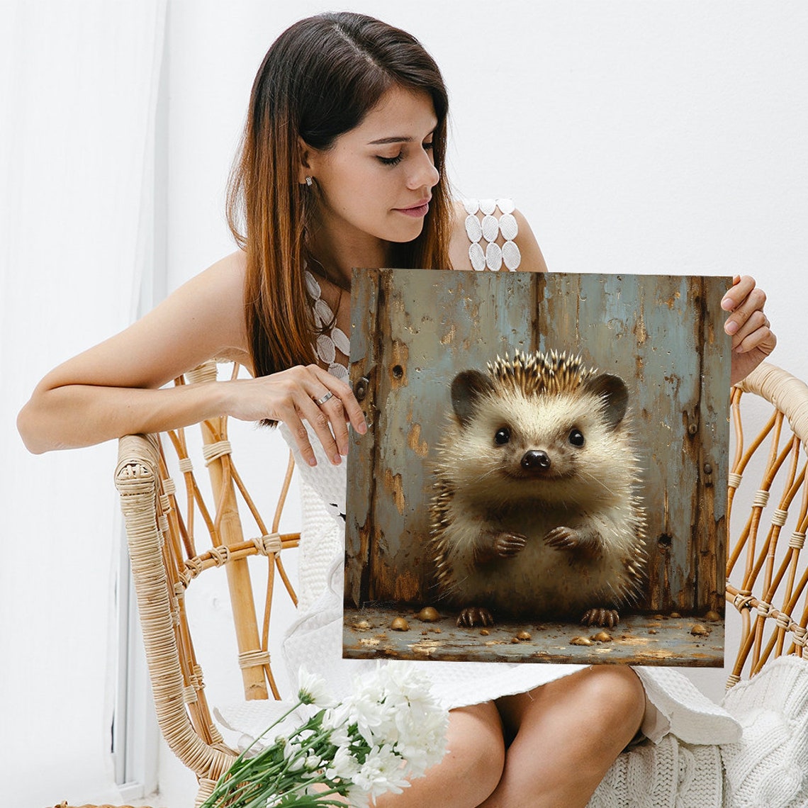 Curious Hedgehog Rustic Wooden Door Cute Animal Wall Art Poster - Image 3
