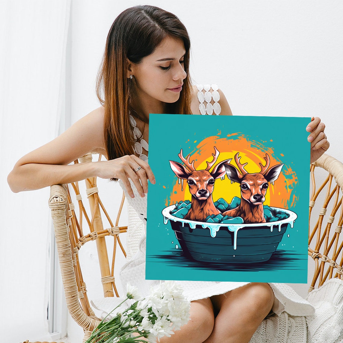 Two Deer Bubble Bath Wash Tub Teal Orange Sunset Fun Wall Art - Image 3