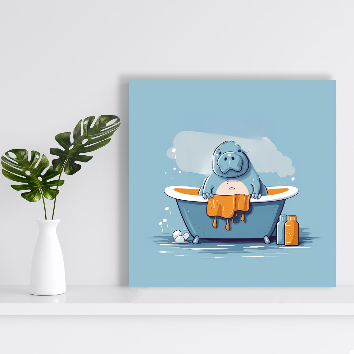 Cute Cartoon Hippo Bathtub Soap Bubbles Whimsical Blue Bathroom Wall Art Poster - Image 2